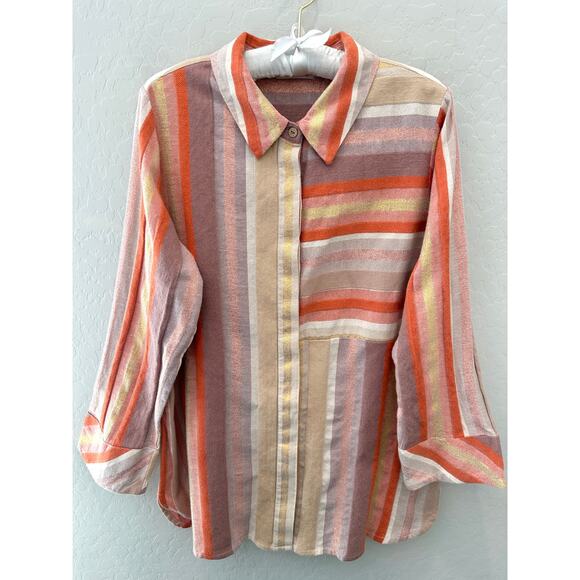 SOFT SURROUNDINGS | Petite Striped Button Front Top Cotton Long Sleeve | Large - Picture 1 of 6